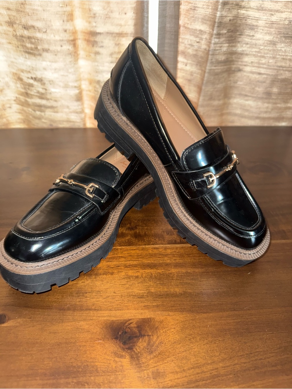 Sam Edelman Black Patent Platform Loafers with Gold Bit